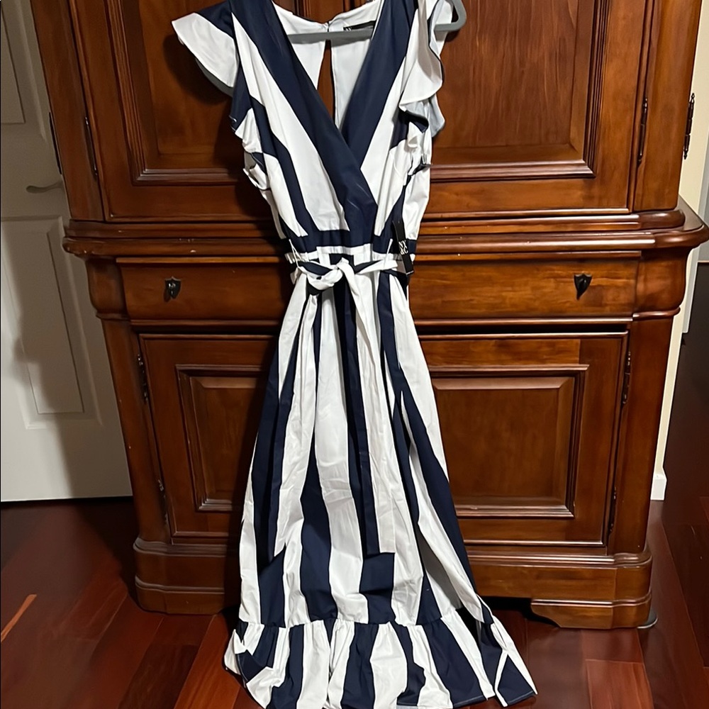New York & Company Blue and White Maxi Wrap Dress with V-Neck